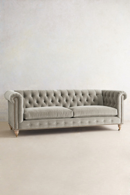 Anthropologie Velvet Lyre Chesterfield Sofa, Wilcox Finish In Grey