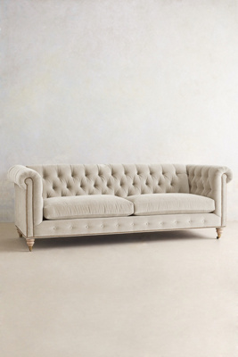 Anthropologie Velvet Lyre Chesterfield Sofa, Wilcox Finish In White