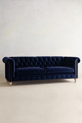 Anthropologie Velvet Lyre Chesterfield Sofa, Wilcox Finish In Blue