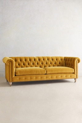 Anthropologie Velvet Lyre Chesterfield Sofa, Wilcox Finish In Gold