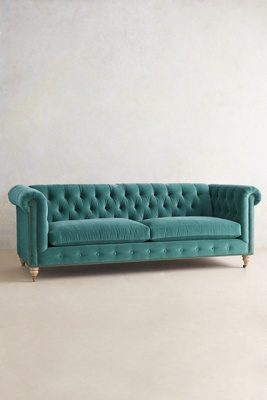 Anthropologie Velvet Lyre Chesterfield Sofa, Wilcox Finish In Blue
