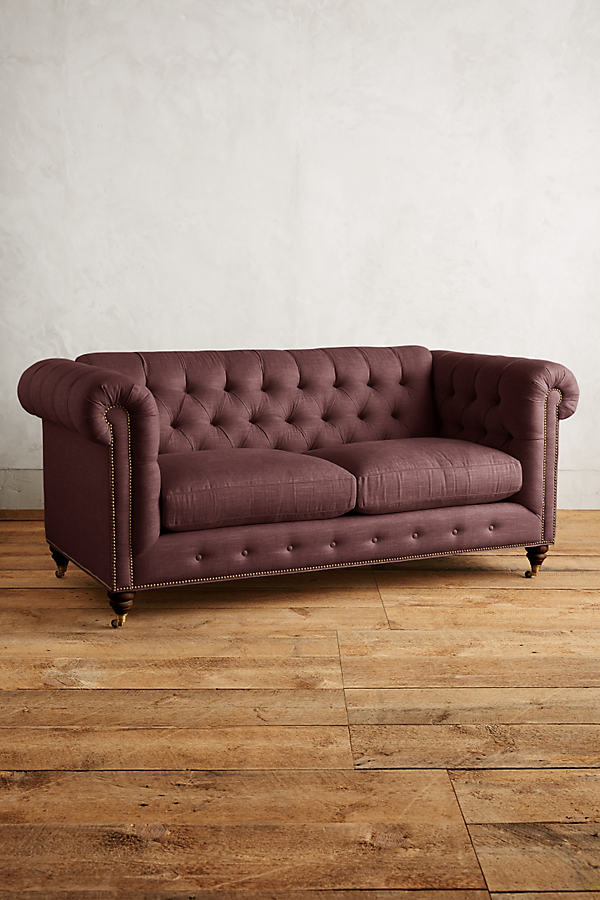 Anthropologie Linen Lyre Chesterfield Petite Sofa, Hickory In Purple