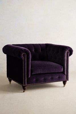 Velvet Lyre Chesterfield Armchair, Hickory