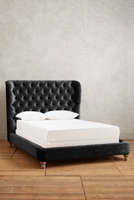 Anthropologie Slub Velvet Tufted Wingback Bed By  In Black Size Cal King