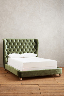 Anthropologie Slub Velvet Tufted Wingback Bed By  In Green Size Cal King