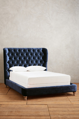 Anthropologie Slub Velvet Tufted Wingback Bed By  In Blue Size Cal King