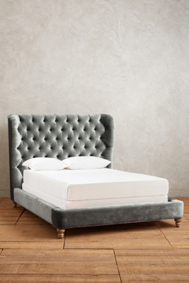 Anthropologie Slub Velvet Tufted Wingback Bed By  In Blue Size Cal King