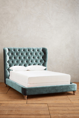Anthropologie Slub Velvet Tufted Wingback Bed By  In Blue Size Cal King
