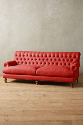 Anthropologie Linen Fan Pleat Sofa In Red