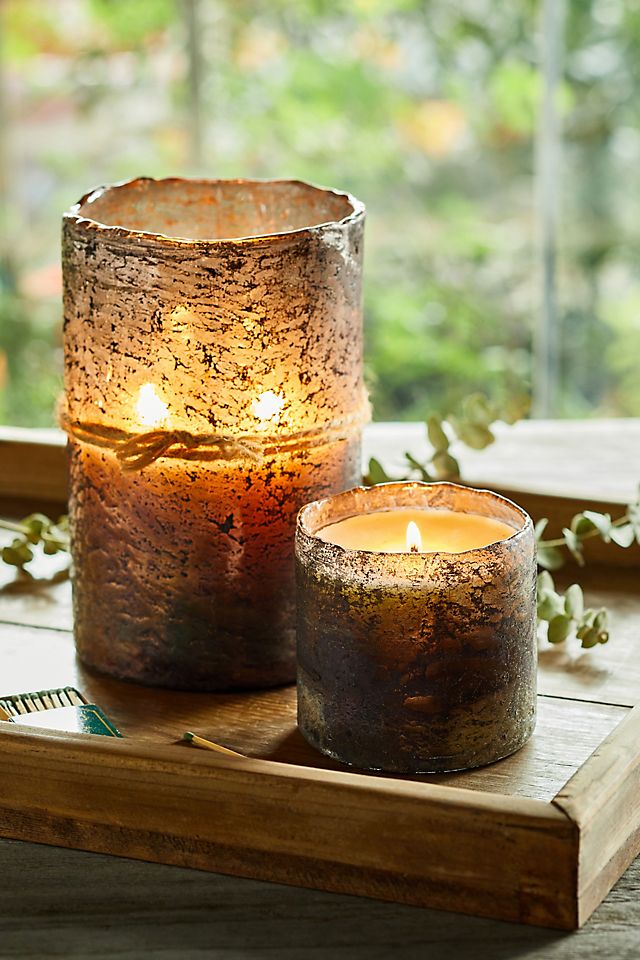 tobacco bark candle Wind Blue-Blown Glass Tumbler 10oz Giftology East Longmeadow quality fragrance compound oil Textured Glass Candle, Tobacco Bark