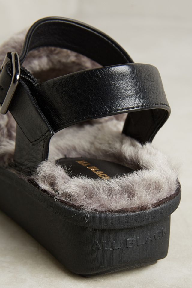 All Black Shearling Platform Slippers #3