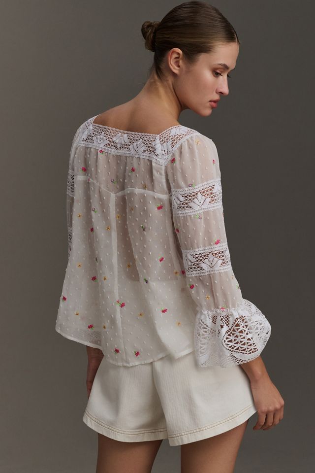 Anna Sui Cluny Lace-Trimmed Floral Swiss Dot Top | Anthropologie