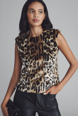 Anna Sui Faux Leopard Sleeveless Wool Blend Top In Brown