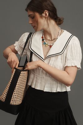 MAEVE PLEATED SAILOR COLLAR CROP BUTTON-FRONT TOP 