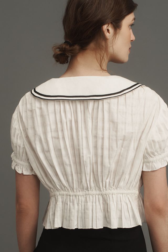 Maeve Pleated Sailor Collar Crop Button-Front Top #1