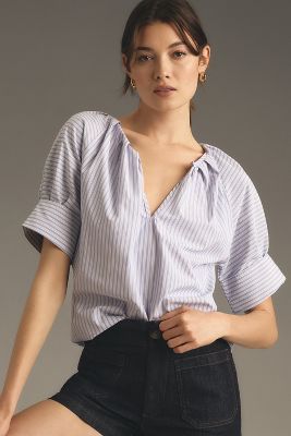 Bishop + Young Claire Poplin Top In Blue