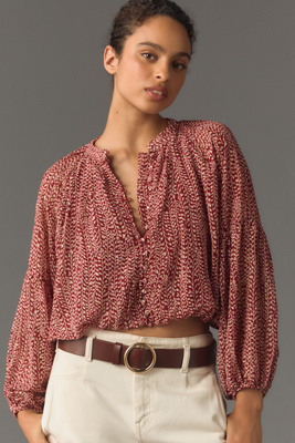 Bishop + Young Women's Playing Favorites Maude Bubble Hem Top In Lotus Lurex Print In Red