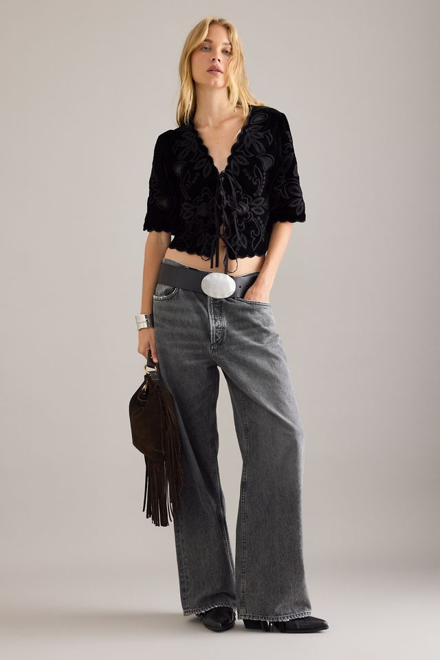 By Anthropologie Top de Terciopelo con Bordado y Lazo Frontal #2