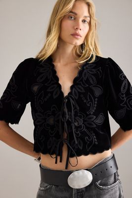 By Anthropologie Velvet Embroidered Tie-Front Top