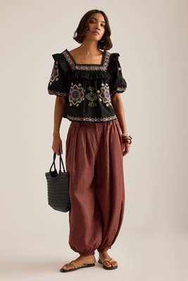 By Anthropologie Ruffle Puff-Sleeve Embroidered Blouse