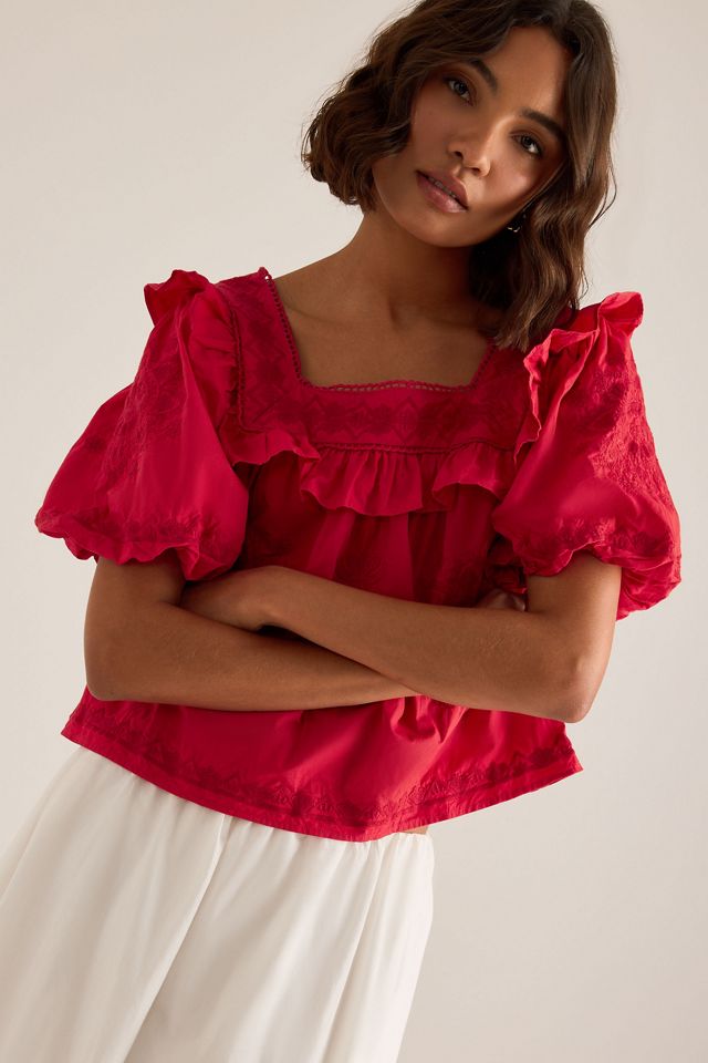 Blouse brodée à manches bouffantes à volants By Anthropologie #1