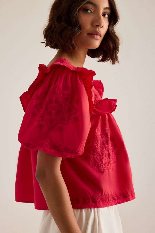 Blouse brodée à manches bouffantes à volants By Anthropologie #3