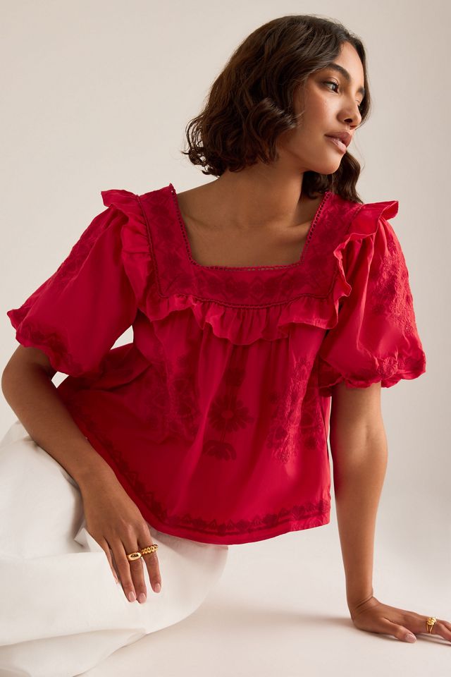 Blouse brodée à manches bouffantes à volants By Anthropologie #5