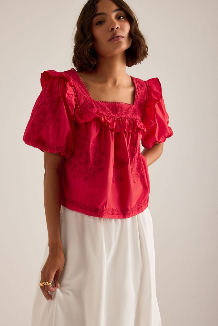By Anthropologie Ruffle Puff-Sleeve Embroidered Blouse