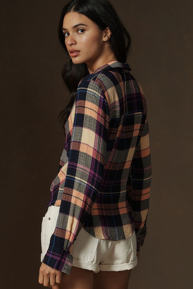 Pilcro Ruched Deep-V Plaid Buttondown #1