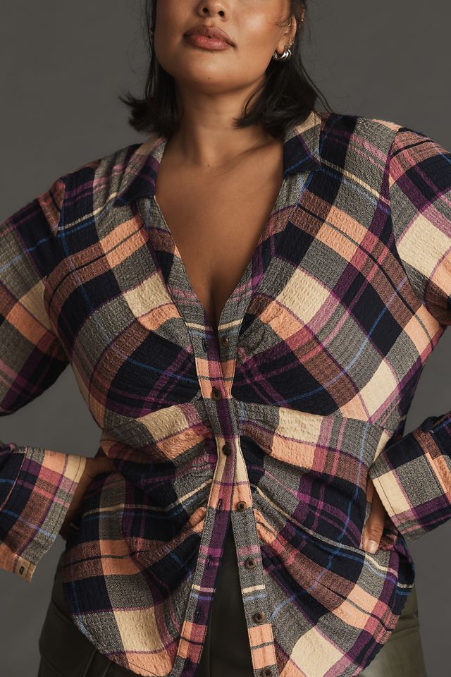 Pilcro Ruched Deep-V Plaid Buttondown #7
