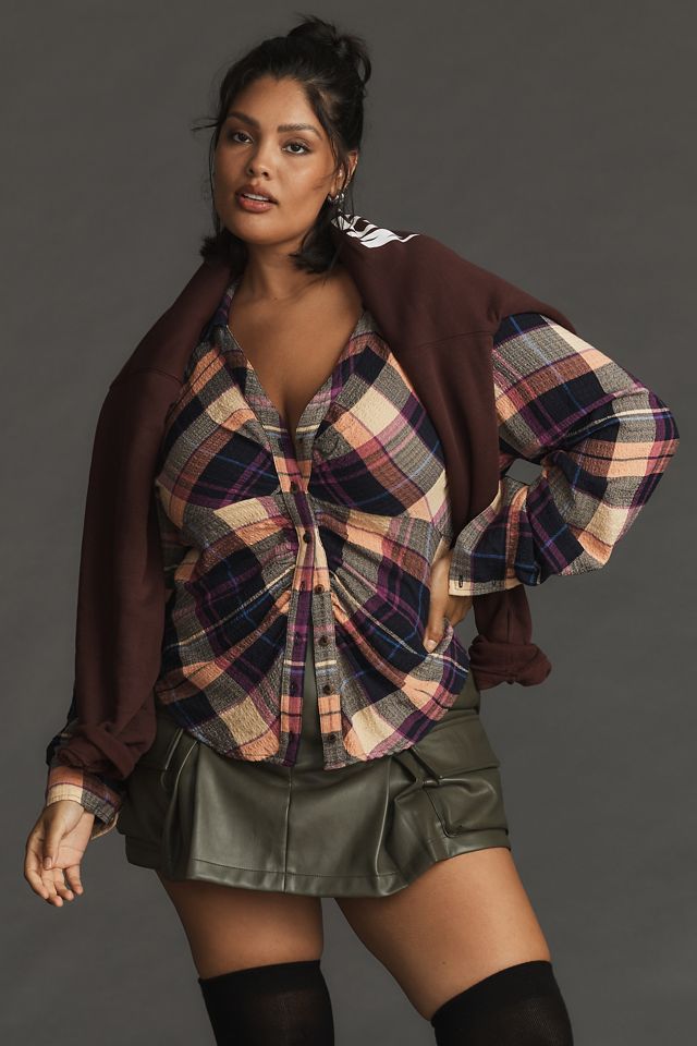 Pilcro Ruched Deep-V Plaid Buttondown #4