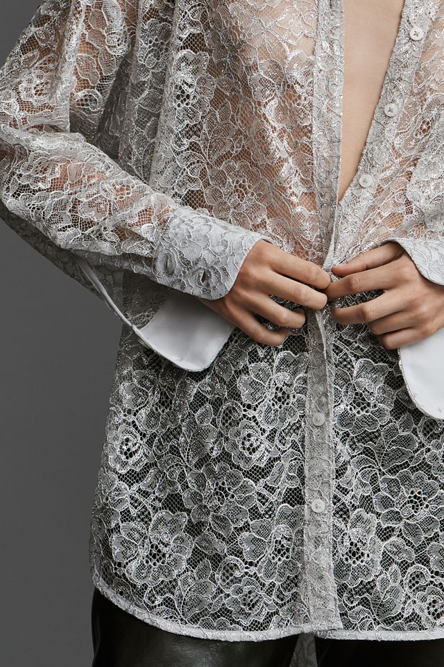 By Anthropologie Metallic Lace Buttondown Shirt #3