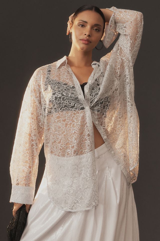 By Anthropologie Metallic Lace Buttondown Shirt #4