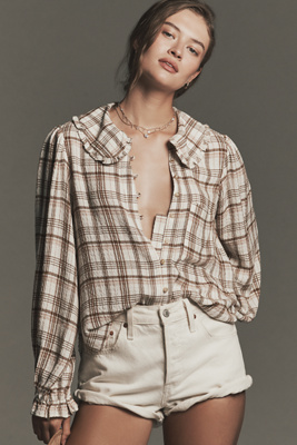 Pilcro The Keira Collared Button-front Blouse By : Long-sleeve Plaid Edition In Neutral