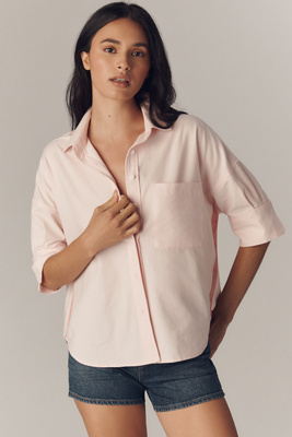 Maeve Puff Elbow-sleeve Boxy Buttondown Oxford Shirt In Pink