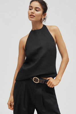 Maeve High-neck Linen Asymmetric Long Tank Top In Black