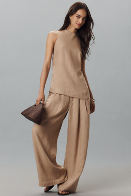Maeve High-neck Linen Asymmetric Long Tank Top
