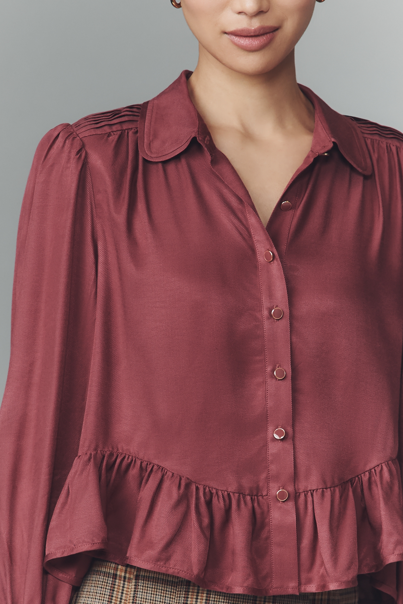 Maeve Silky Ruffle Buttondown Shirt