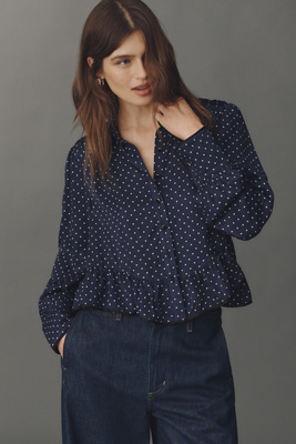 Maeve Silky Ruffle Buttondown Shirt In Blue