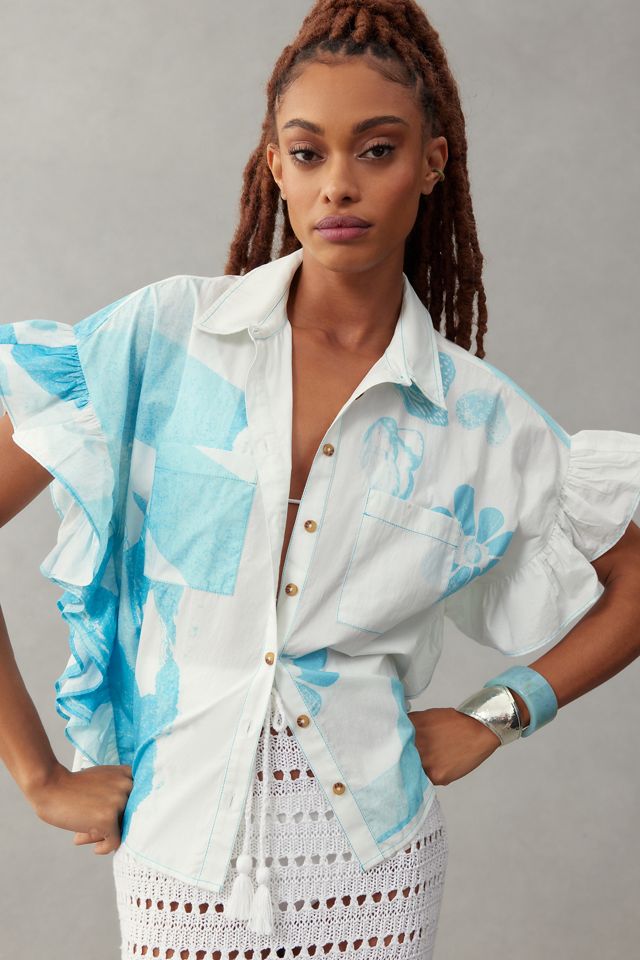 Anne Guest Cyanotype Ruffle-Sleeve Buttondown Blouse | Anthropologie