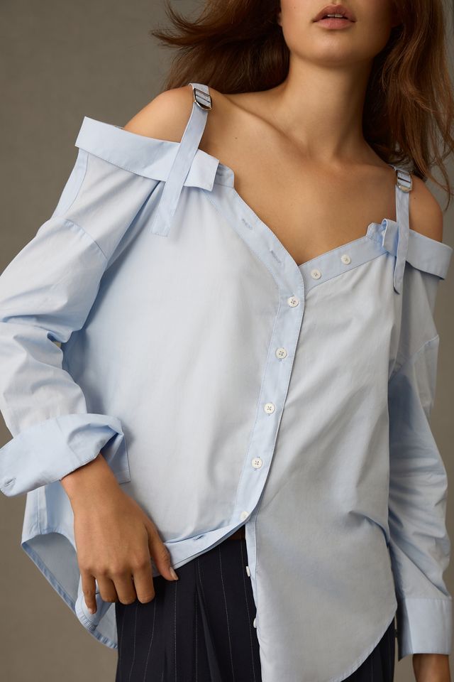 By Anthropologie Off-The-Shoulder Buttondown Blouse #3