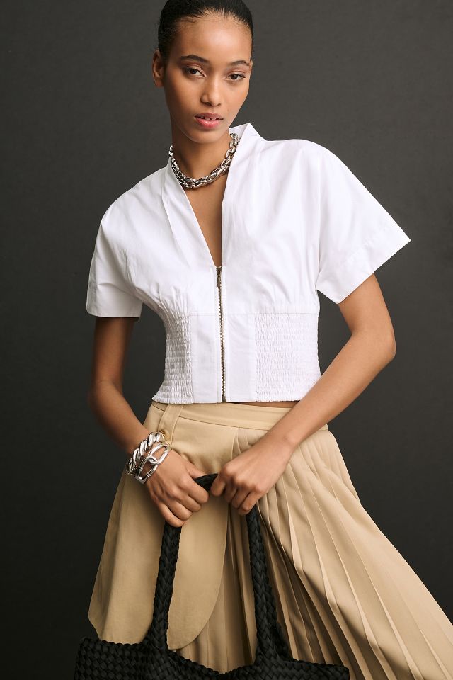 Maeve Short Sleeve Zip Front Blouse