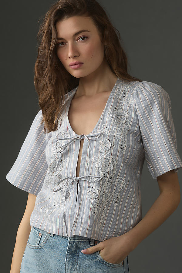 Pilcro Short-Sleeve Boxy Tie-Front Top