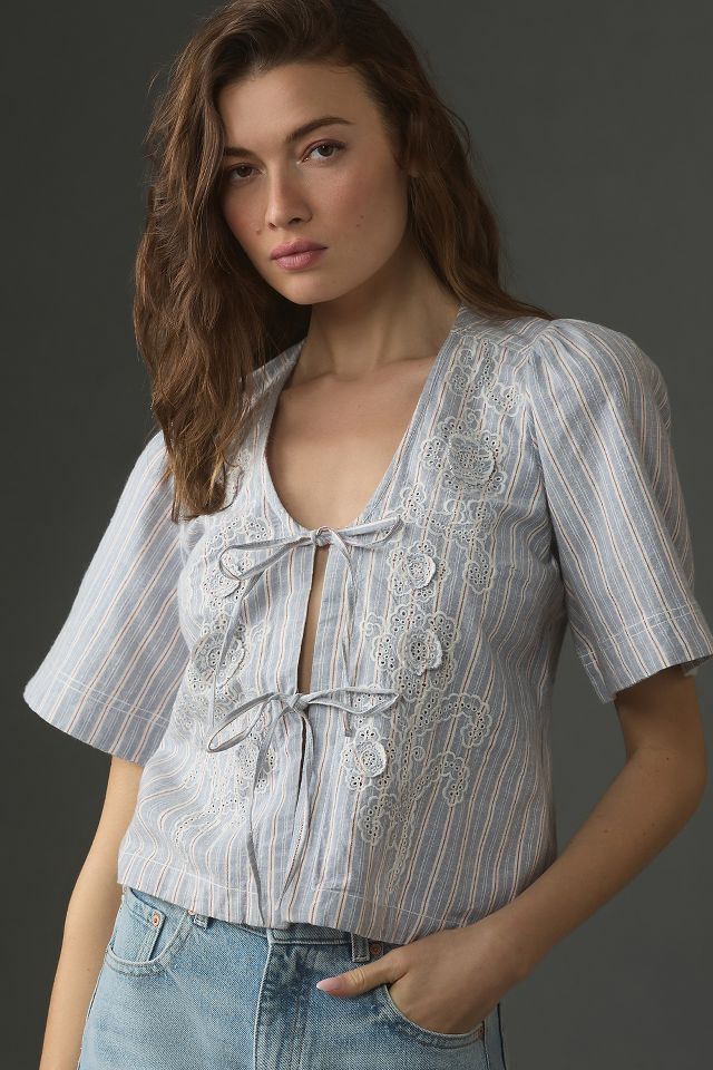 By Anthropologie Sheer Embroidered Boxy Top