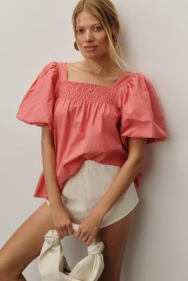 Shop By Anthropologie Puff-sleeve Smocked Blouse In Pink