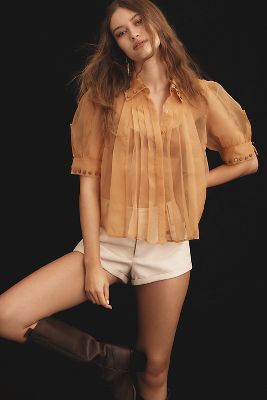 MAEVE SHORT-SLEEVE SHEER PLEATED BLOUSE 