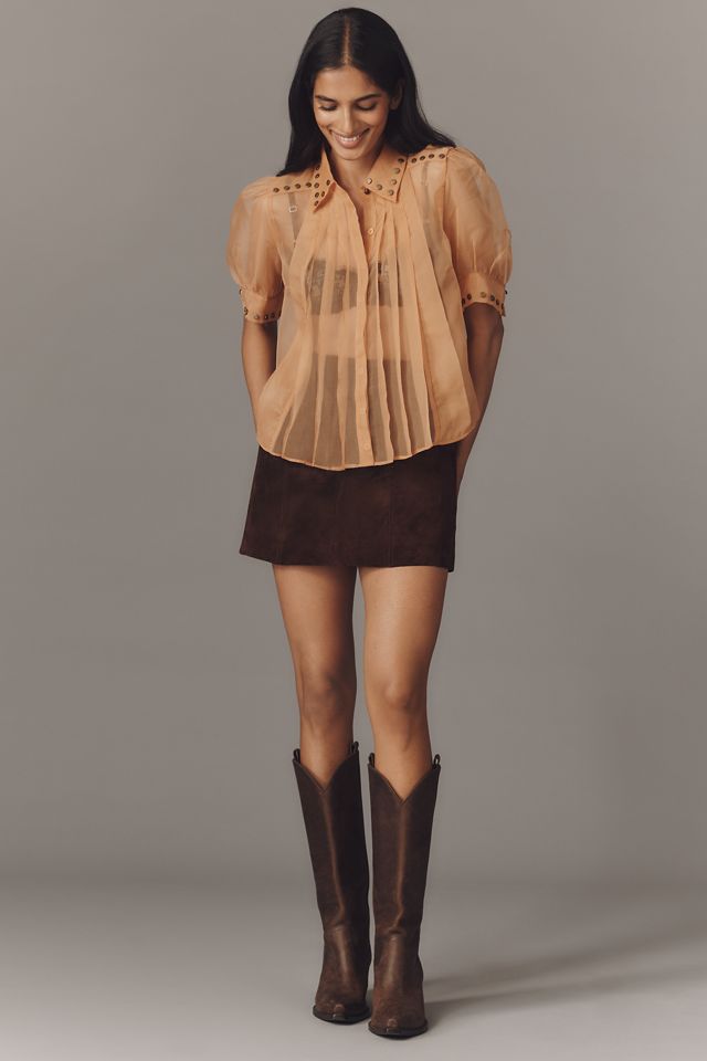 Maeve Short-Sleeve Sheer Pleated Blouse #1
