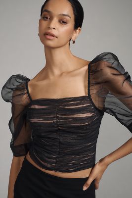 Shop Maeve Puff-sleeve Embellished Tulle Top In Black