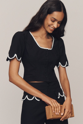 Maeve Short-Sleeve Scoop-Neck Lace-Trim Blouse