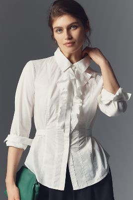 PILCRO BELL-SLEEVE V RUFFLE-FRONT BUTTONDOWN SHIRT 